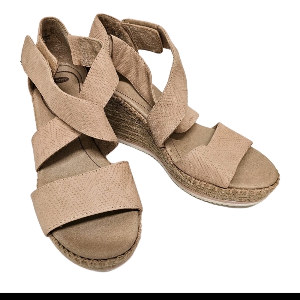 Dr Scholls Espardrille Sandals 11 QM Beige Wedge Heel  Hook Loop Closure Elegant